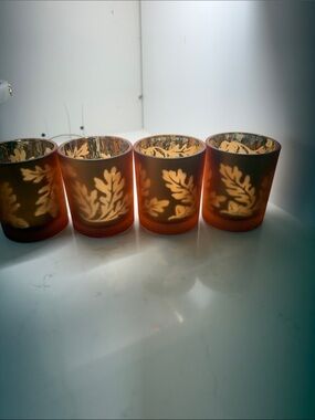 Set of 4 Amber Frosted Leaf Votive Candle Holders